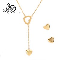 Simple design heart shaped long chain pendant necklace with earring set stainless steel